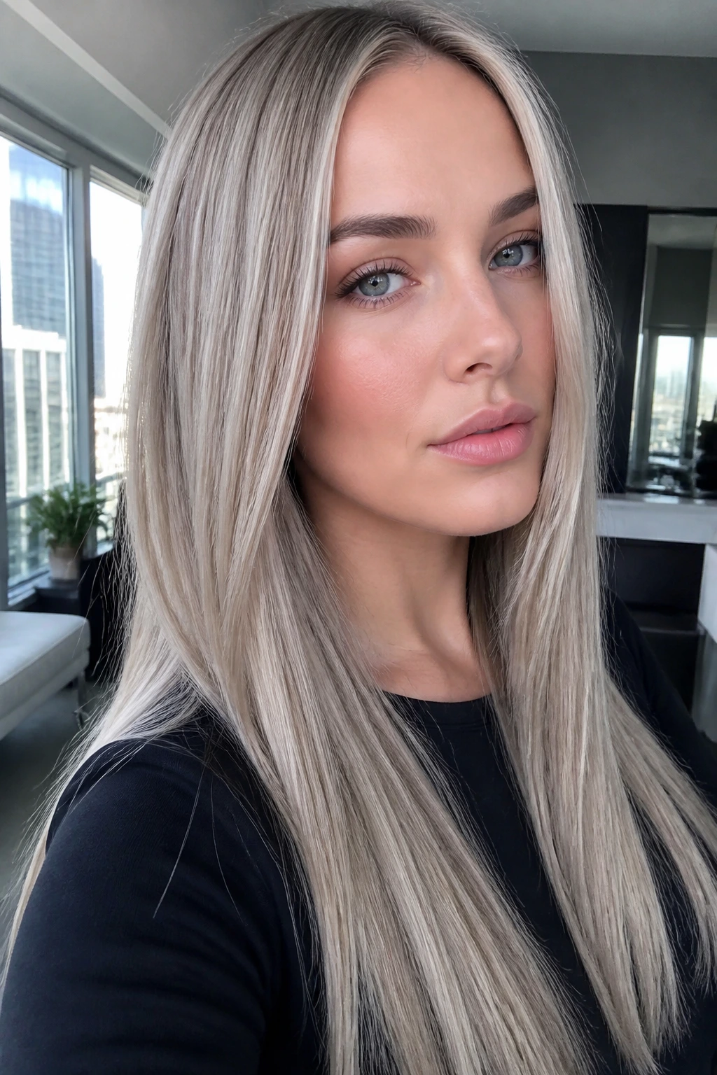 Close-up portrait of a real woman with metallic ash blonde hair reflecting crisp light