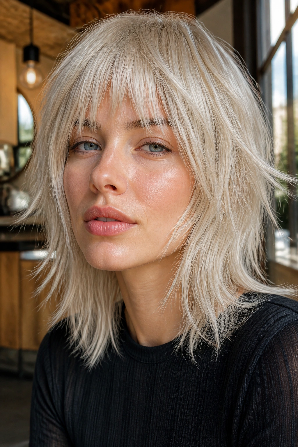 Close-up portrait of a real woman with metallic blonde shag and choppy ends in a chic salon.