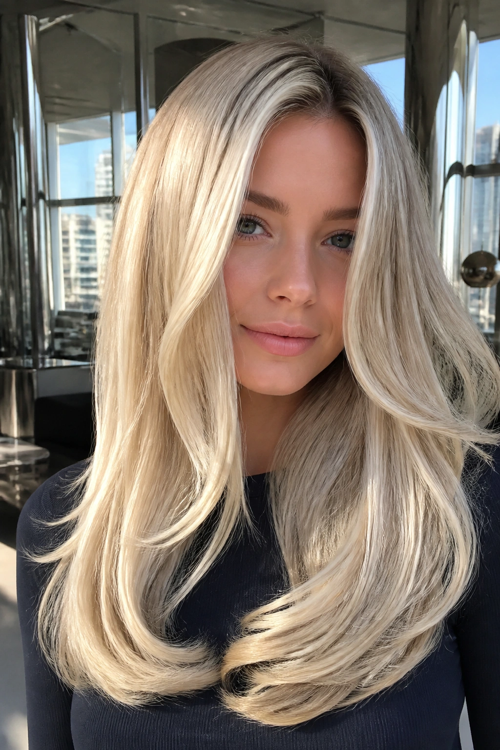 Close-up portrait of a real woman with metallic blonde hair and high-gloss finish