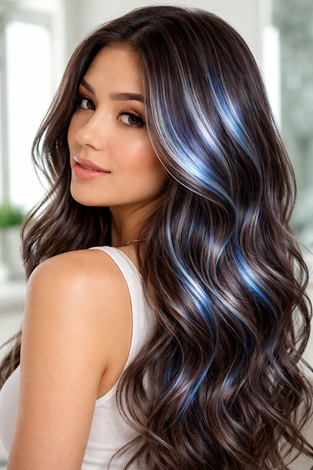 Close-up portrait with metallic blue highlights and silver sheen