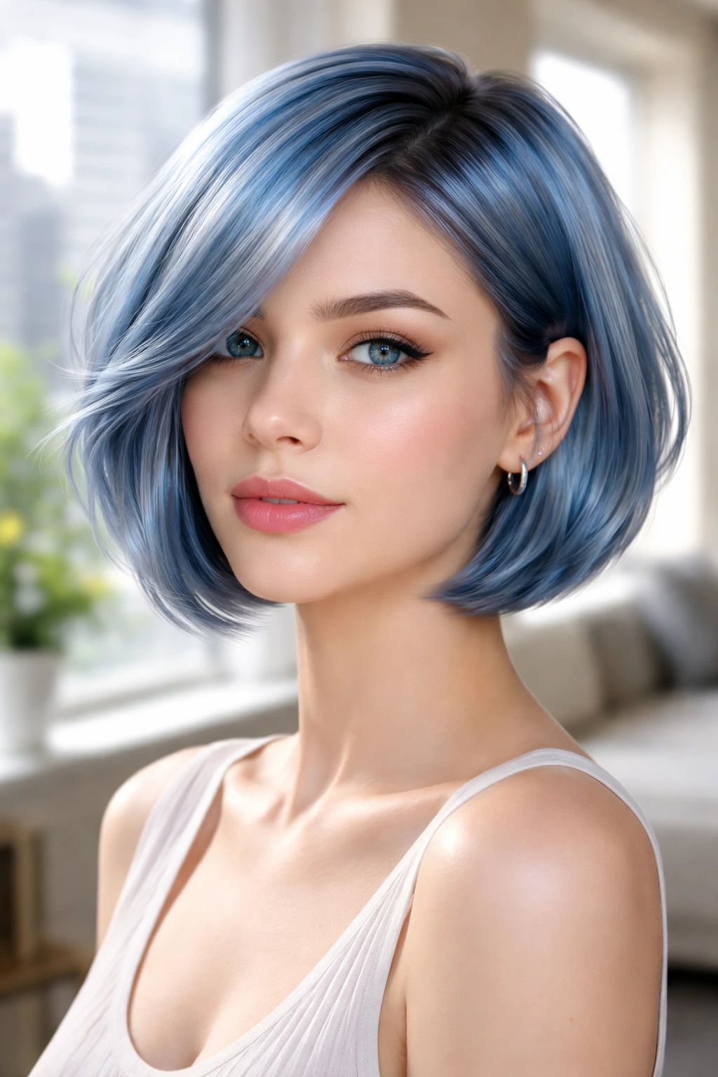 Close-up portrait of a real person with metallic blue-silver hair and high-gloss shine