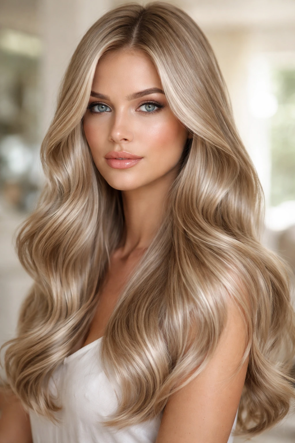 Close-up of a real woman with metallic champagne hair in a bright interior