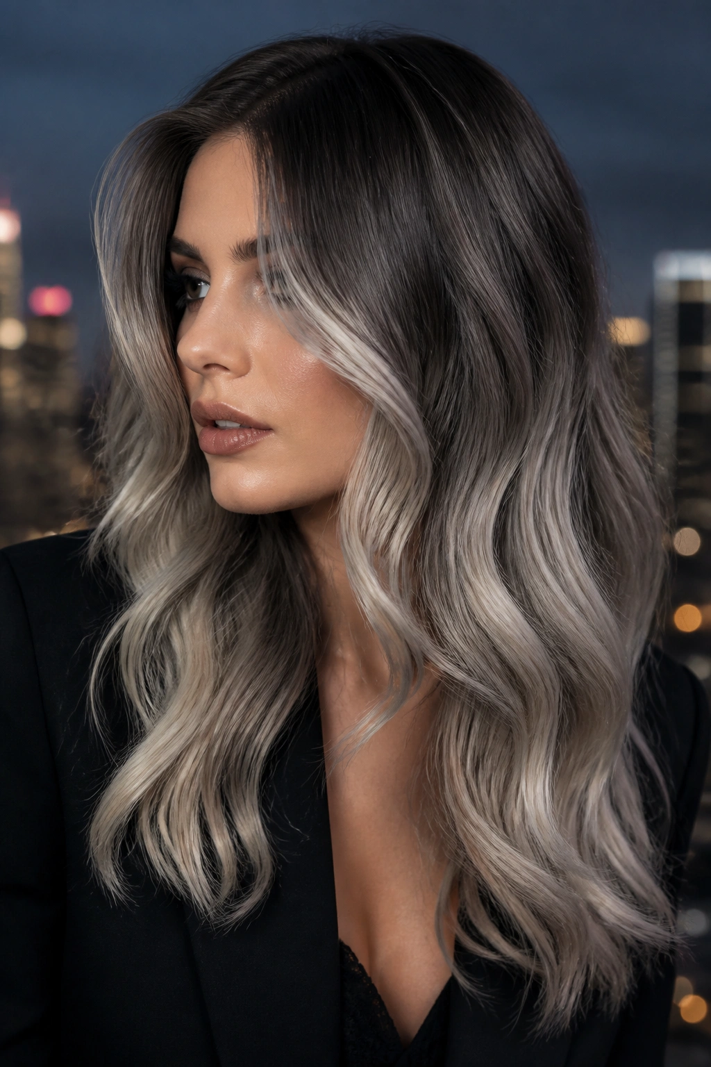 Real woman with metallic charcoal blonde melt on a rooftop with city lights.