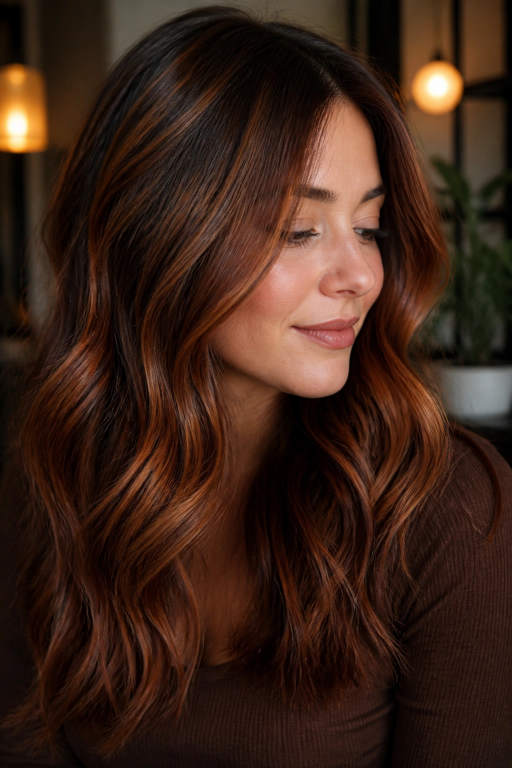 Close-up portrait of a real person with metallic copper balayage and subtle waves.