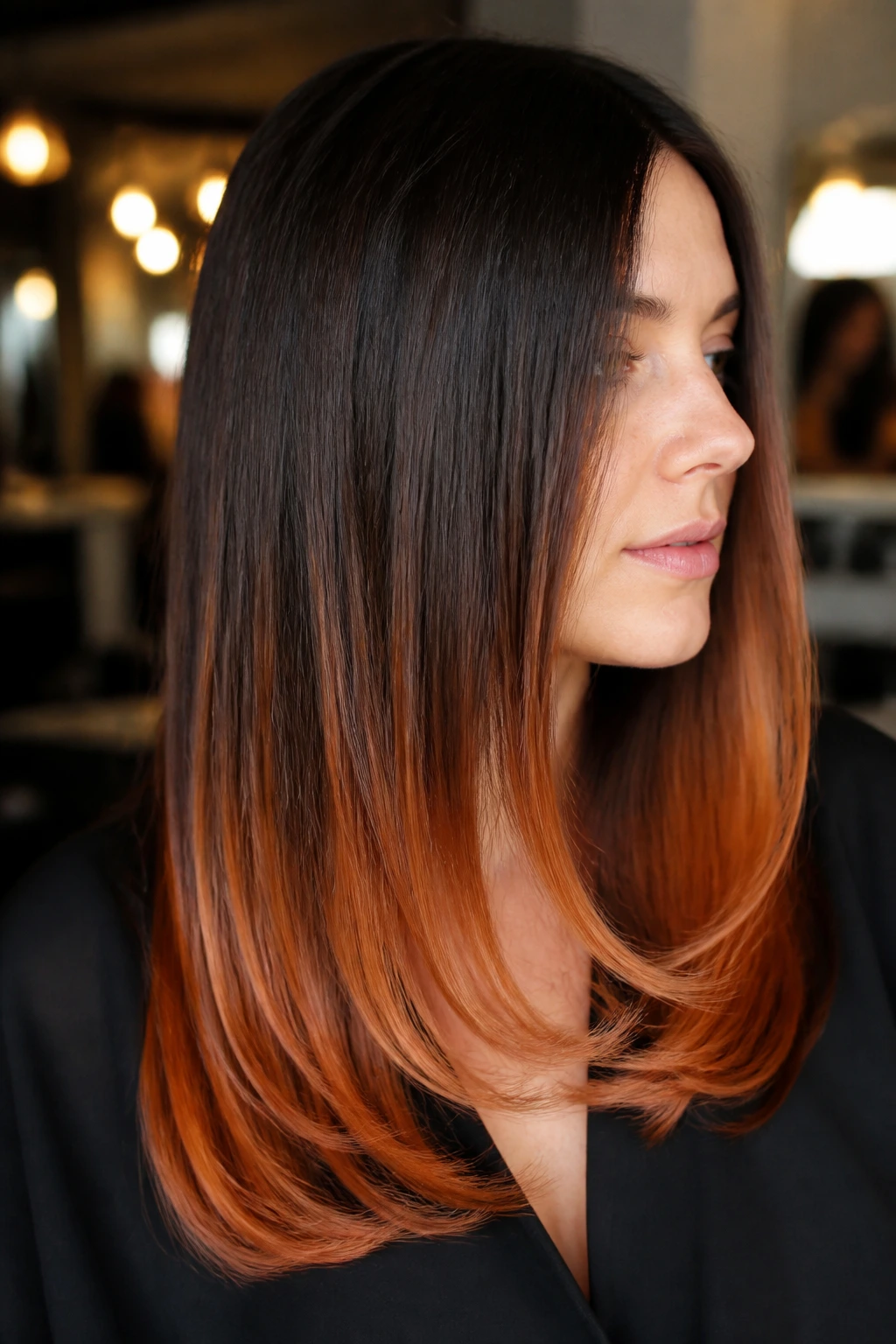 Close-up of straight hair with metallic copper ends