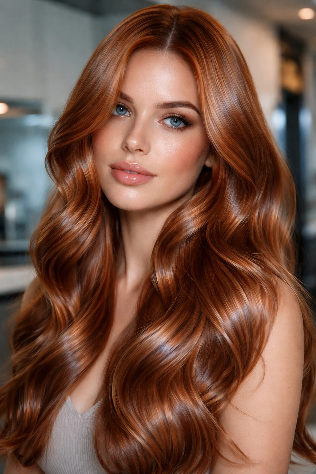 Portrait of a woman with metallic copper hair under cool indoor lighting