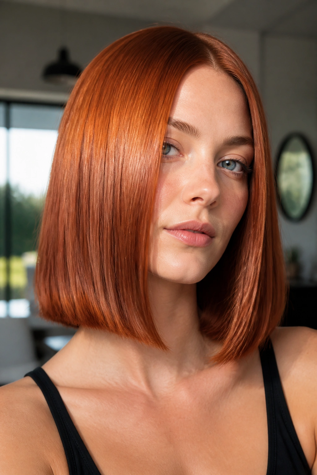 Close-up of metallic copper straight lob on a real woman with glossy finish