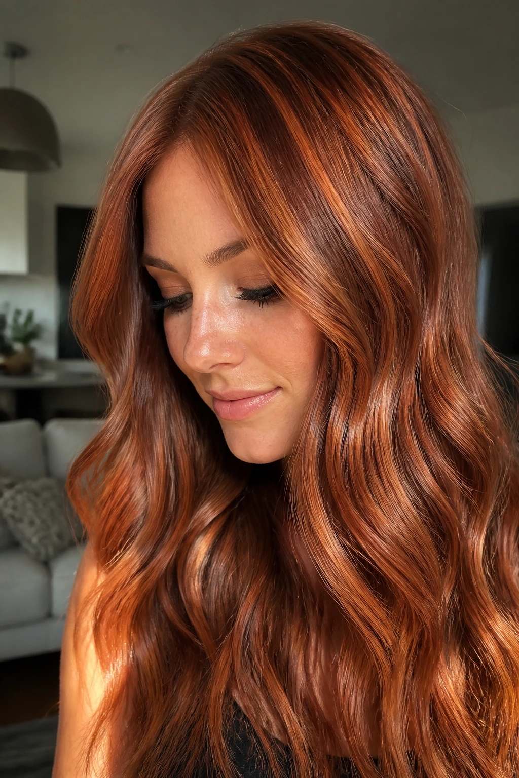 Close-up of a real person with metallic copper hair and lowlights