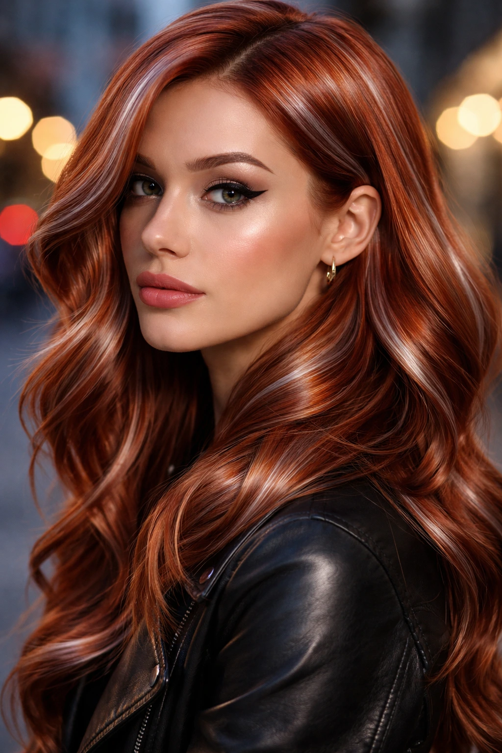 Portrait of a real person with metallic copper hair and silver undertones