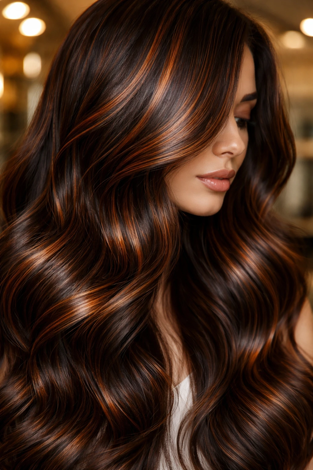 Close-up of hair with metallic copper streaks and high-gloss shine