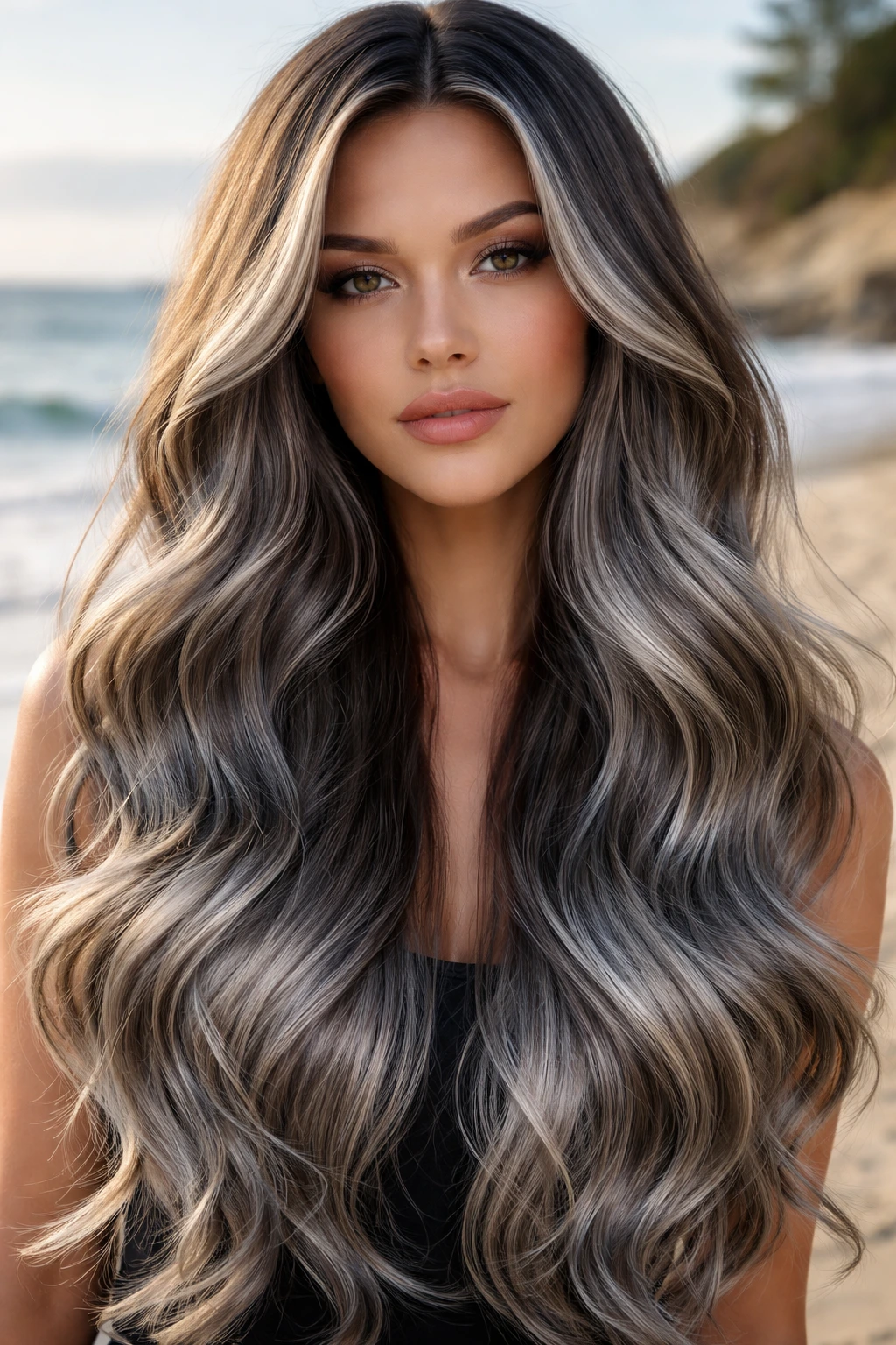 Close-up portrait of a real woman with long metallic gray waves outdoors