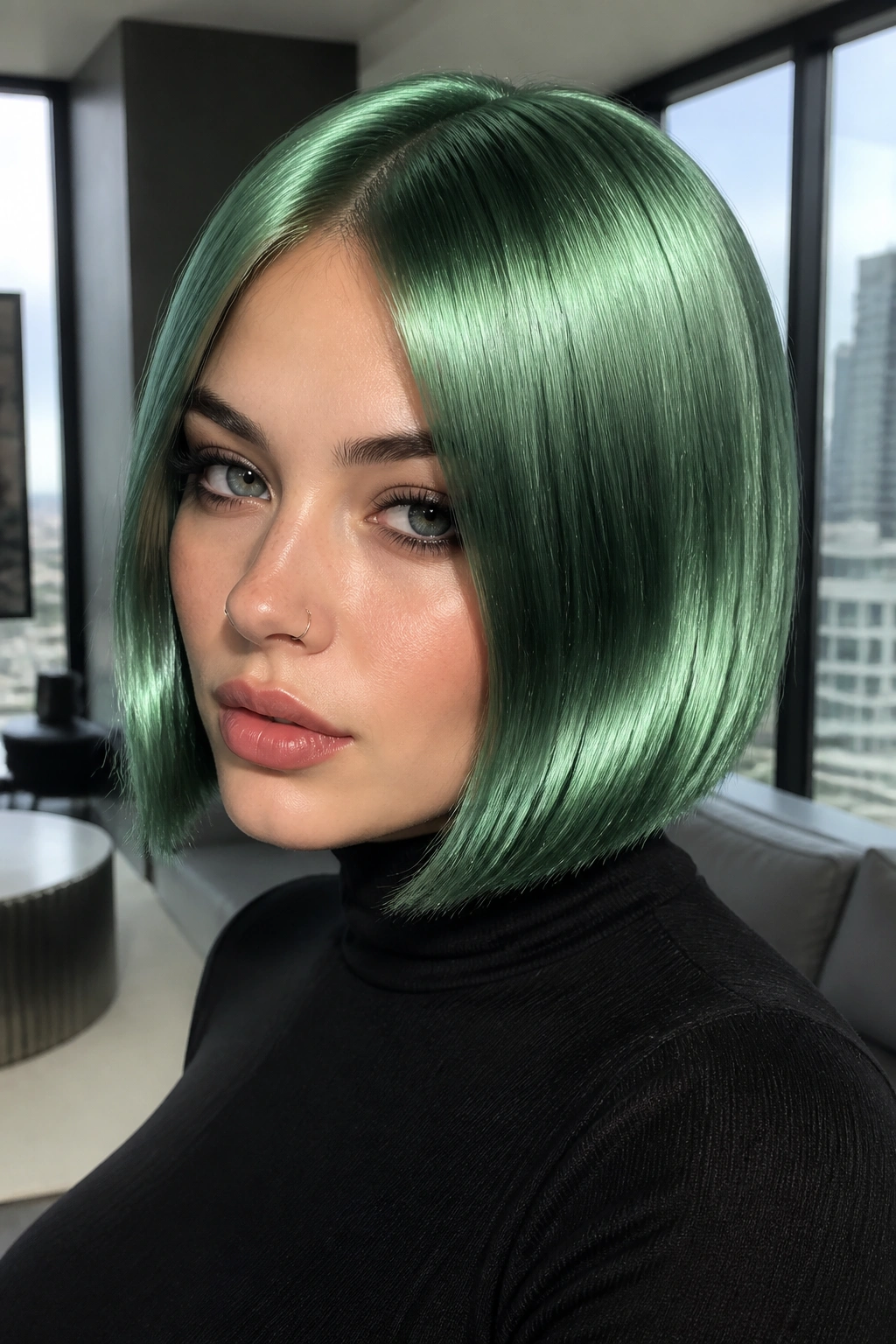 Close-up of a real person with metallic green chrome hair in a blunt bob