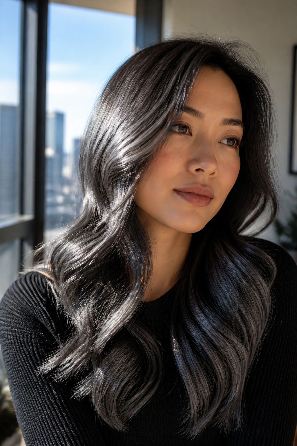 Close-up of long wavy hair with metallic grey gloss