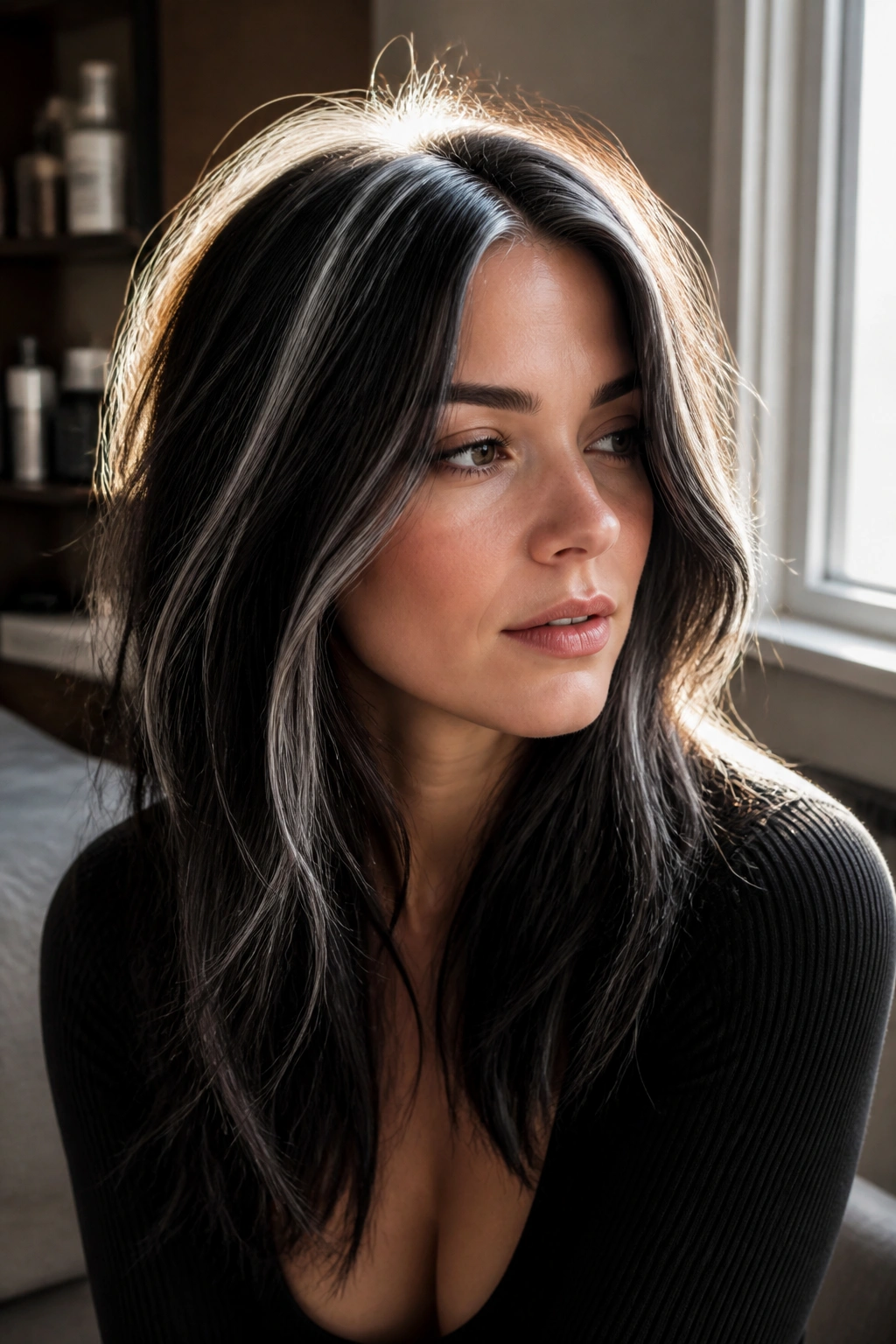 Portrait of a woman with silver halo highlights around the crown