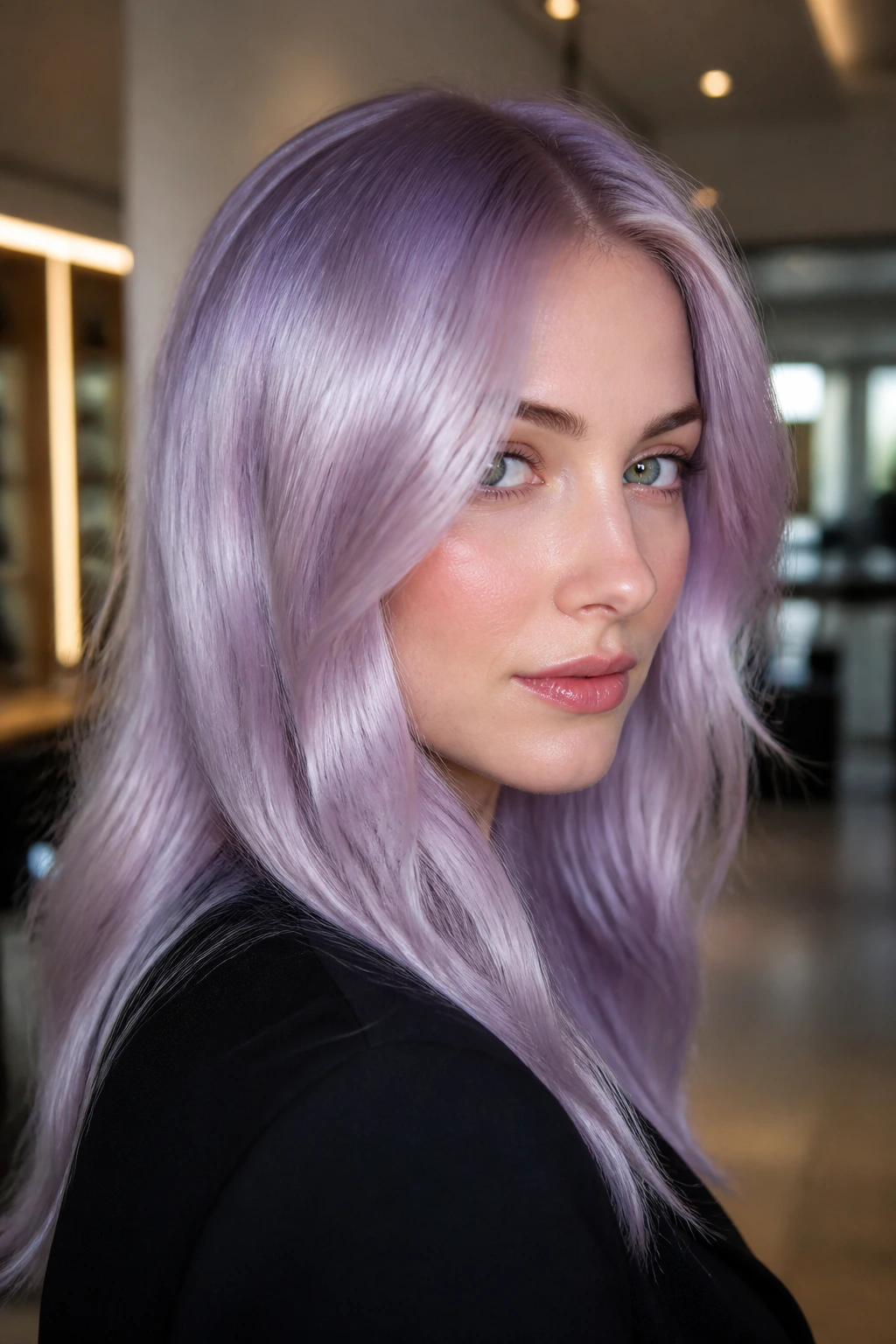 Portrait of a person with metallic lilac gloss hair