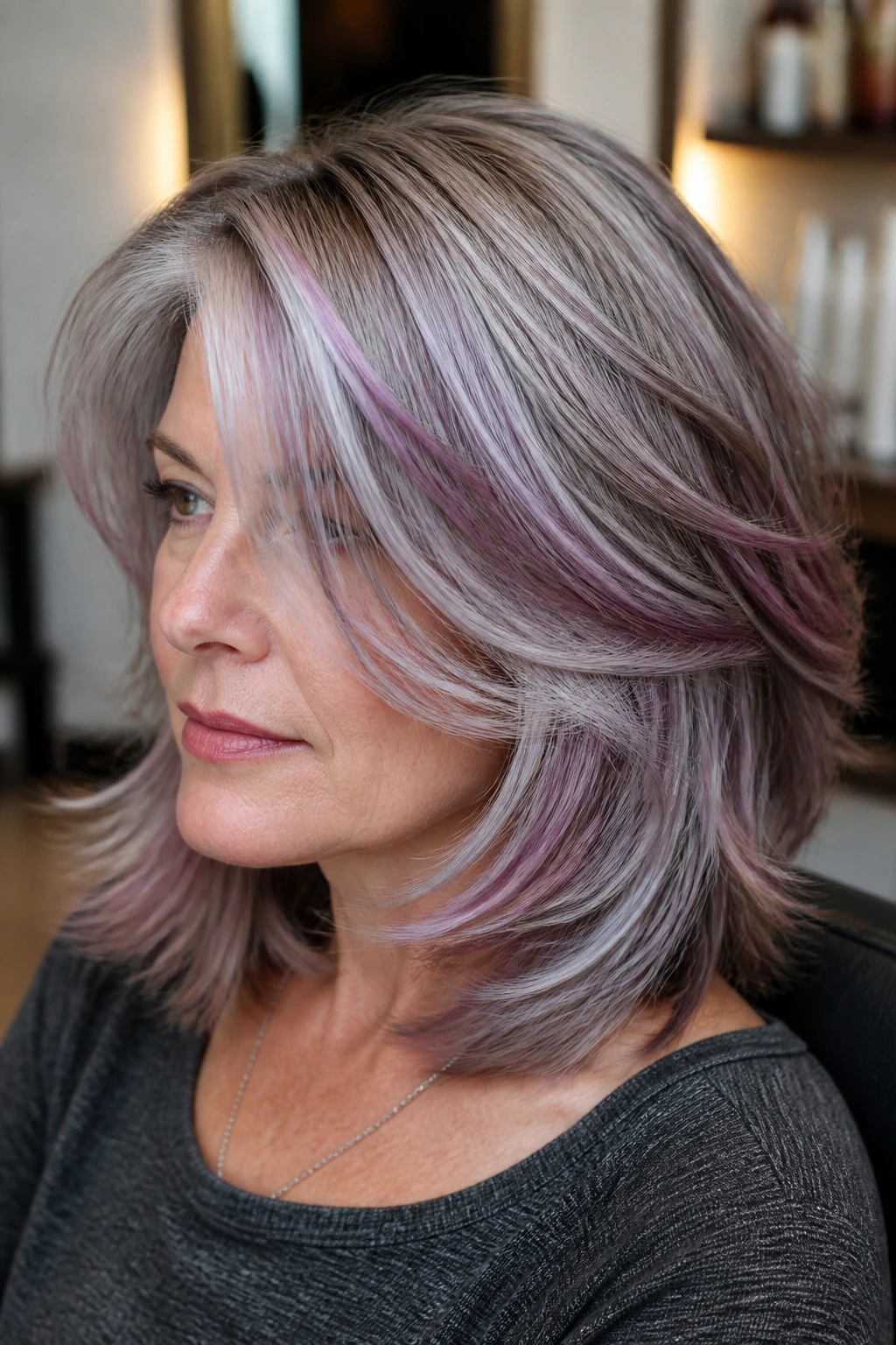 Close-up of a woman with metallic mauve ribbons in layered hair
