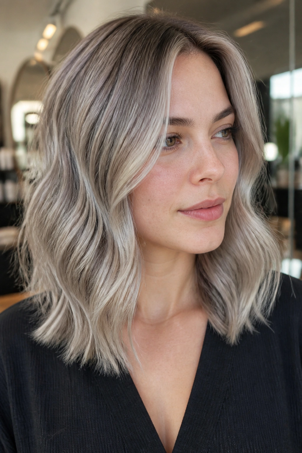 Close-up portrait of a real woman with taupe-gray base and silver metallic ash throughout hair