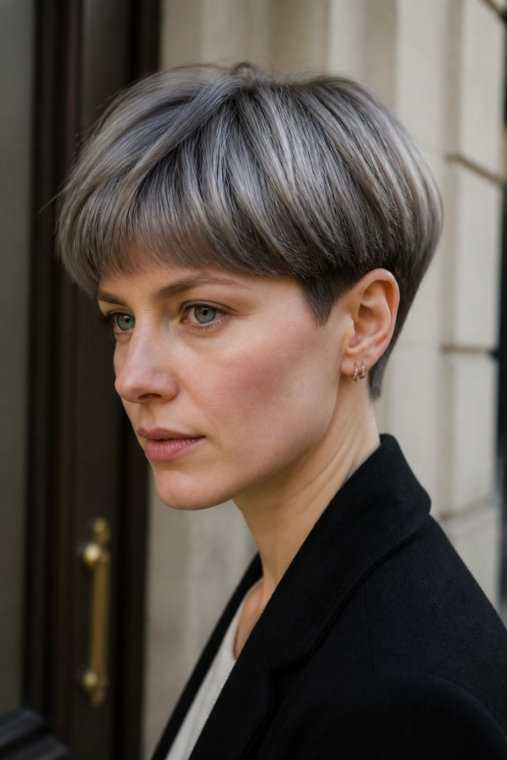 Close-up portrait of a real person with a metallic mushroom crop hairstyle in natural daylight