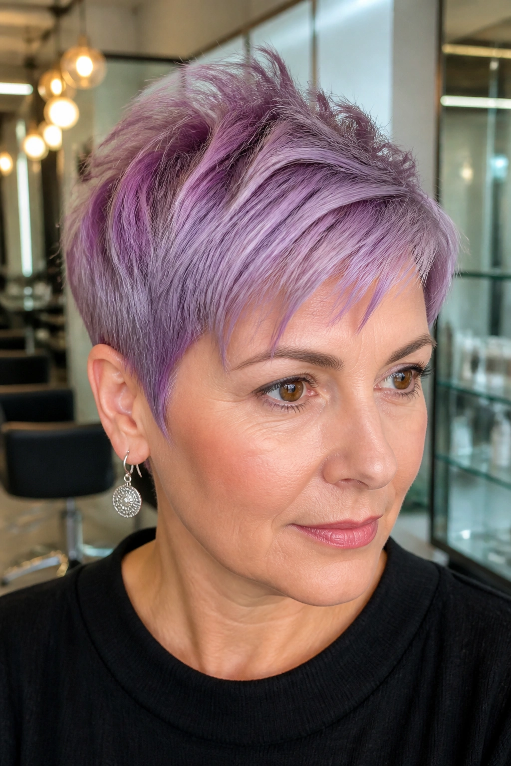 Portrait of a woman with metallic orchid pixie and piecey top