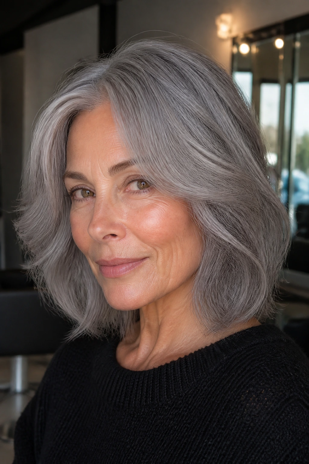 Portrait of a woman with metallic pewter hair in a cool-toned setting.