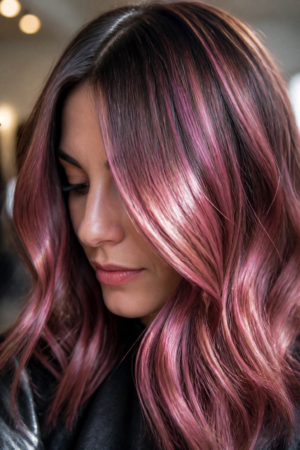 Real woman with metallic pink gloss over highlighted brown hair