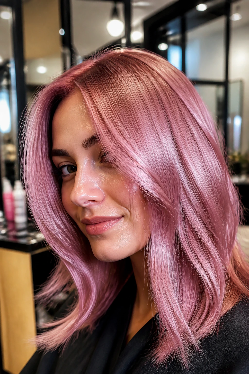 Metallic pink hair close-up portrait with satin shine