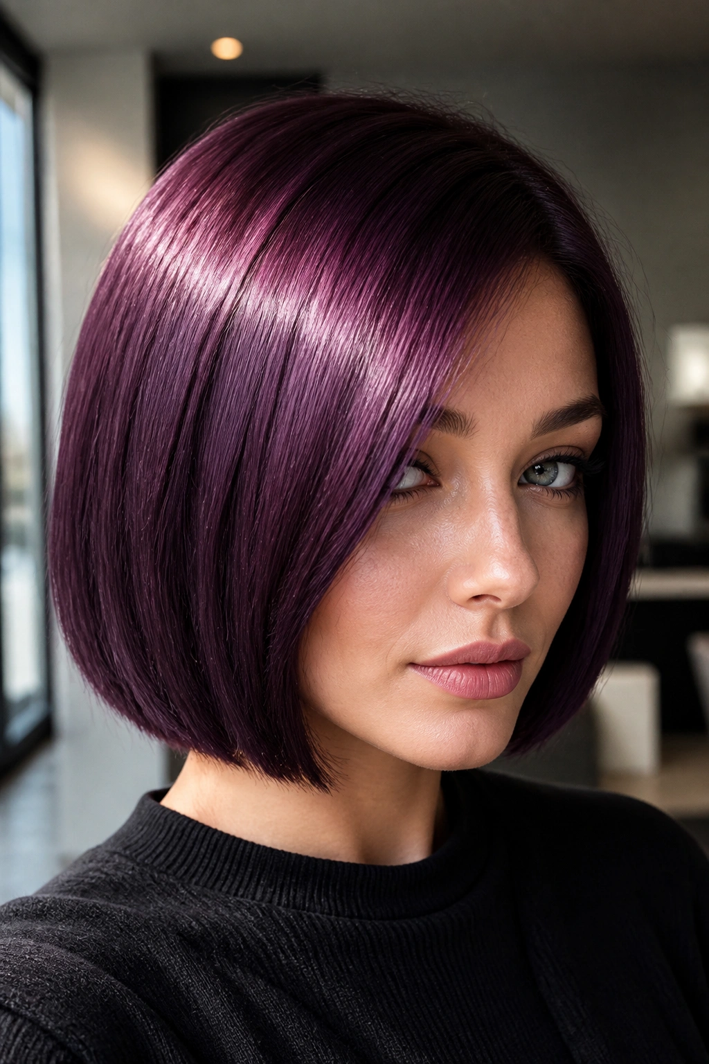 Close-up portrait of a woman with metallic plum sleek bob