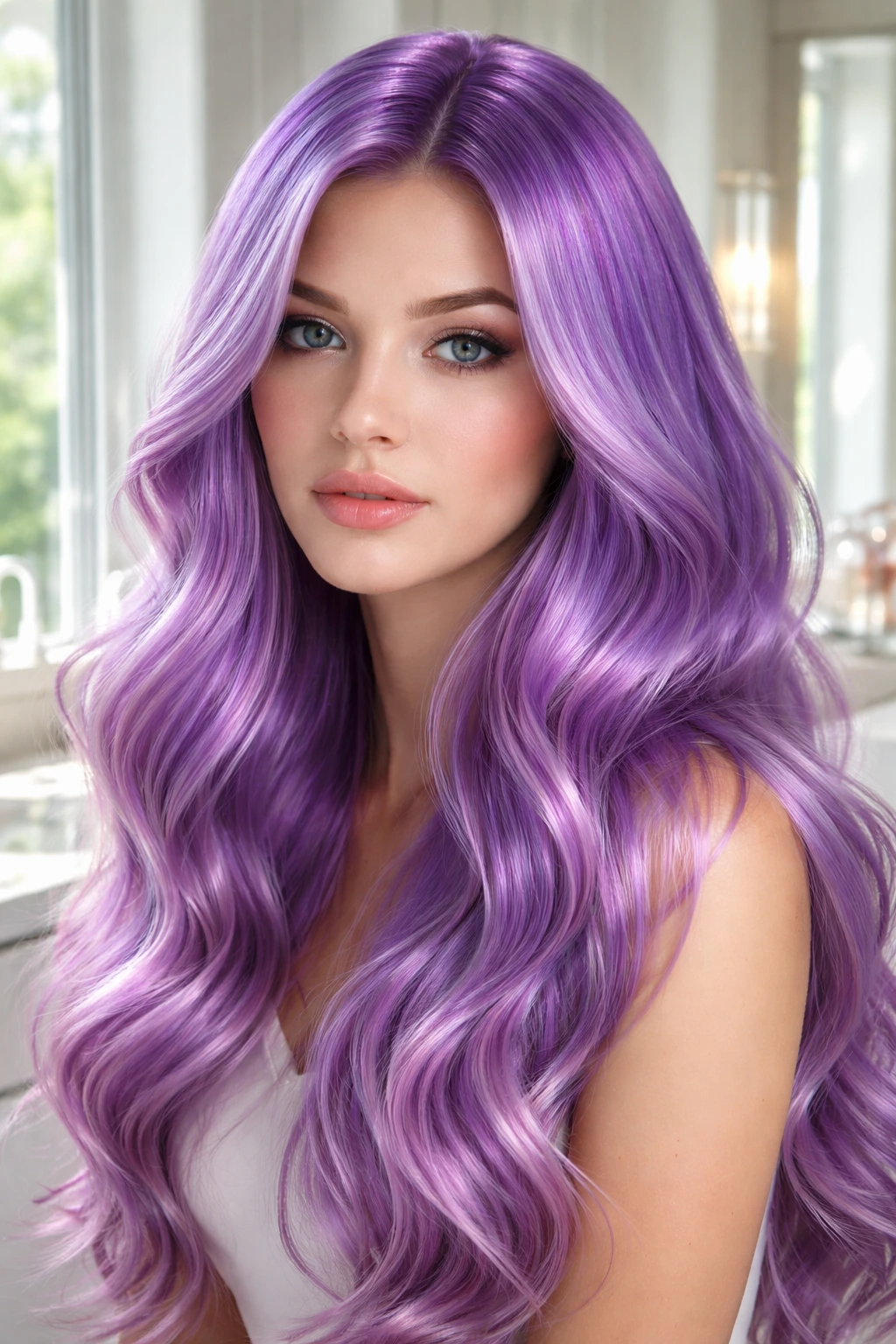 Close-up portrait of a real person with metallic purple finish hair and glossy shine