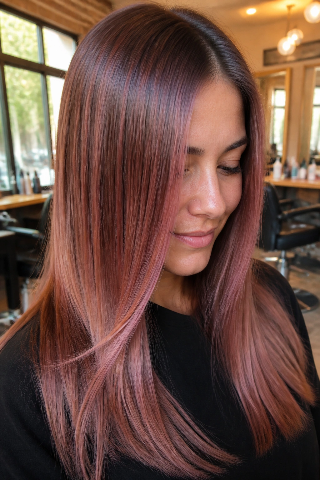 Close-up of a real woman with metallic rose brown balayage highlighting glossy rose glaze