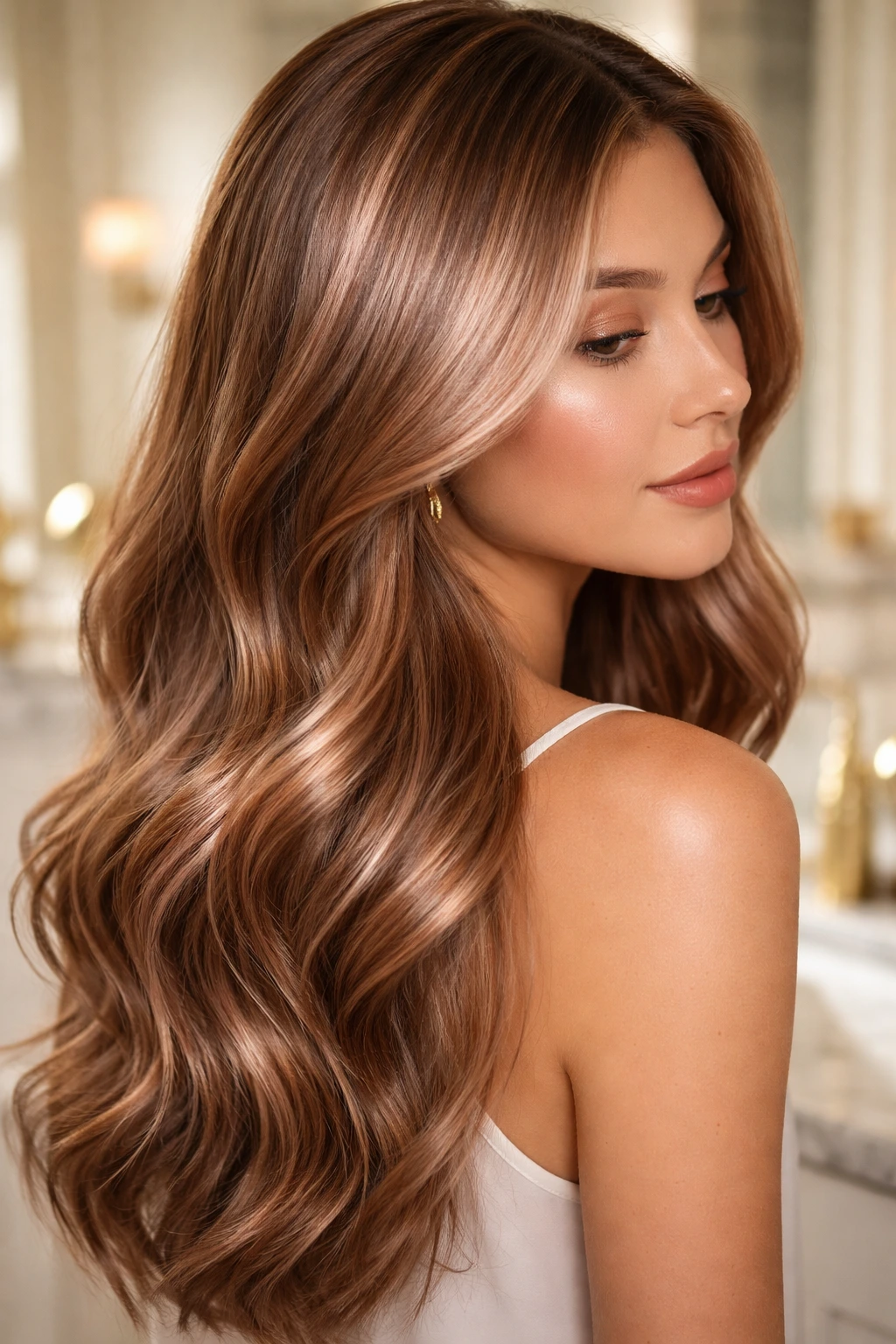 Close-up of light brown hair with metallic rose gold gloss on a real person