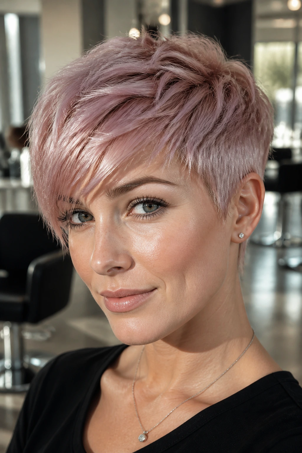 Close-up of a real woman with a metallic rose gold pixie under bright salon lighting.