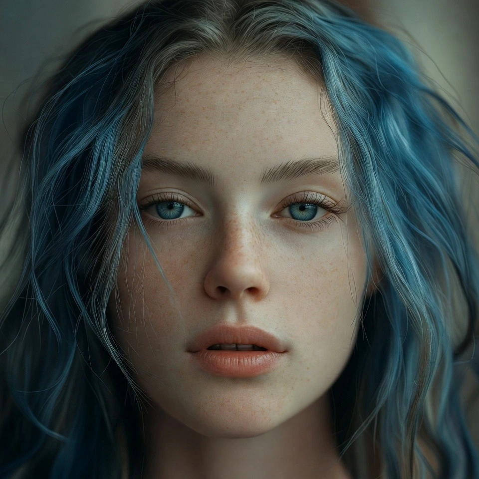 Close-up portrait of a woman with metallic silver-blue hair in a sleek hallway.