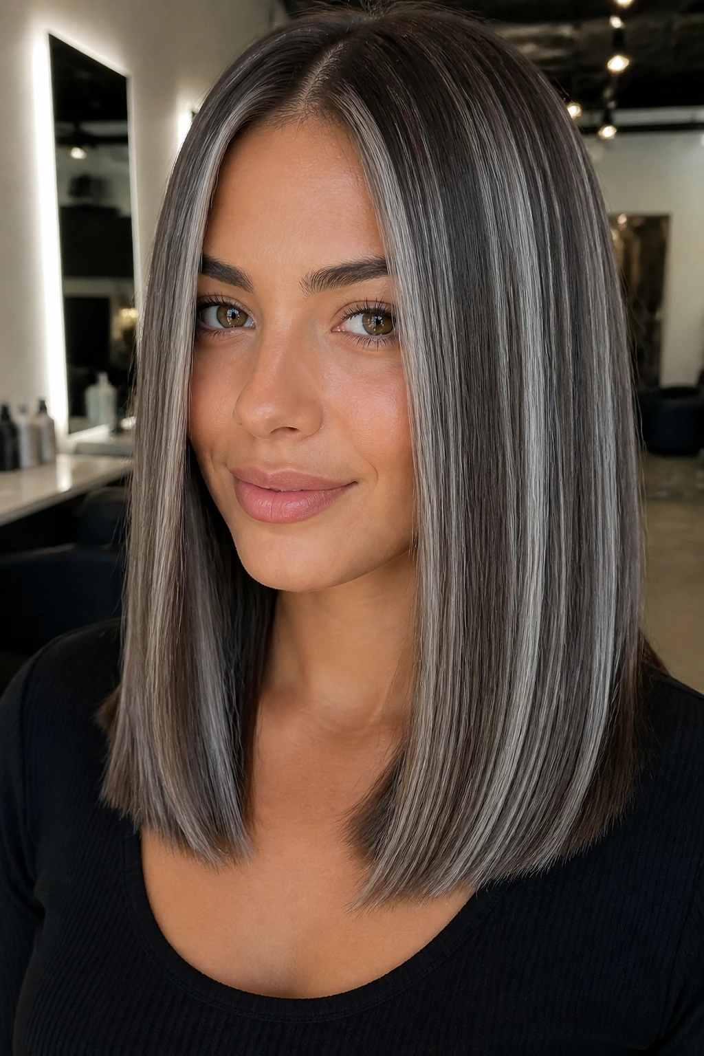 Portrait of a woman with metallic silver foil highlights on brown hair