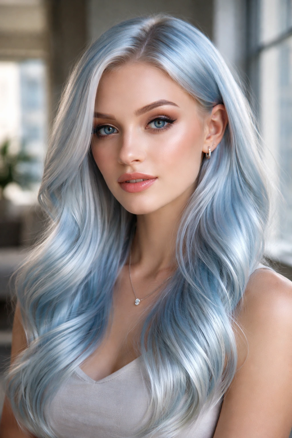 Portrait of a woman with metallic sky blue blonde hair