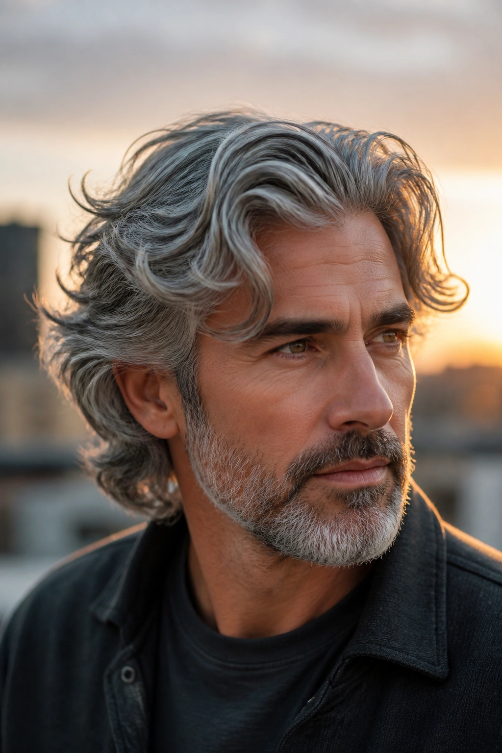 Man with metallic smoke gray waves, golden-hour rooftop setting