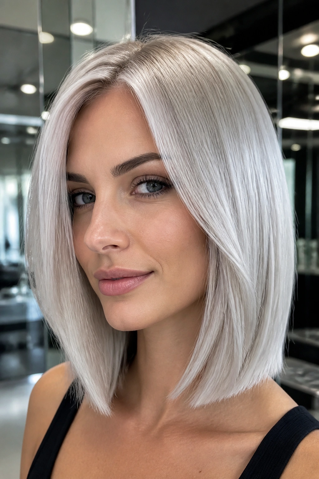 Close-up portrait of a real woman with metallic steel silver blonde hair in a long bob with high shine.