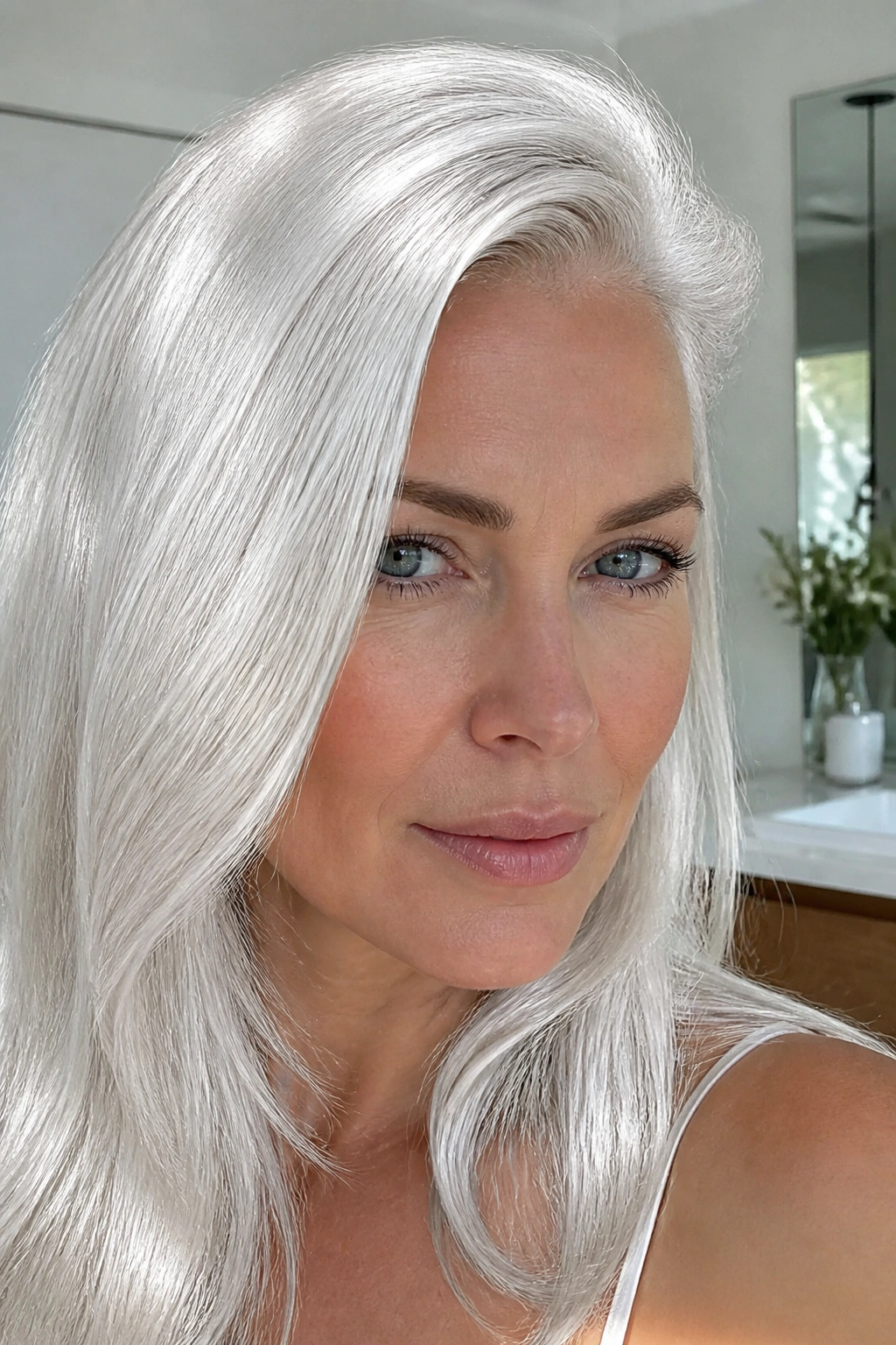 Close-up of a person with metallic white hair and a glossy glassy finish.