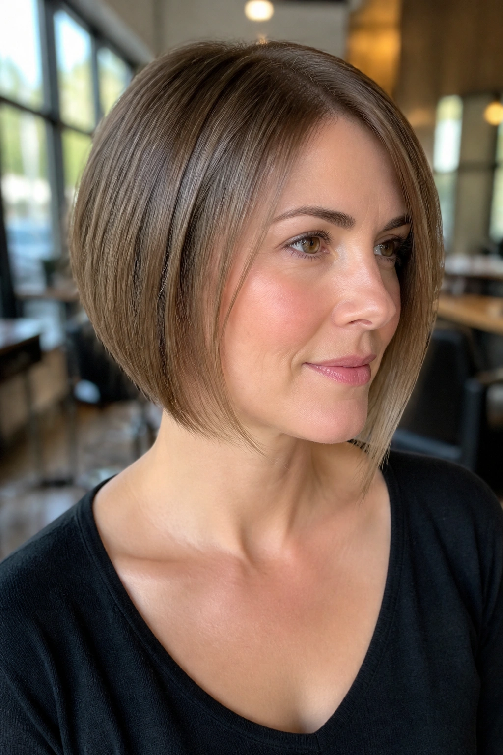 Close-up of a real woman with micro-angled bob for fine hair in a bright salon.