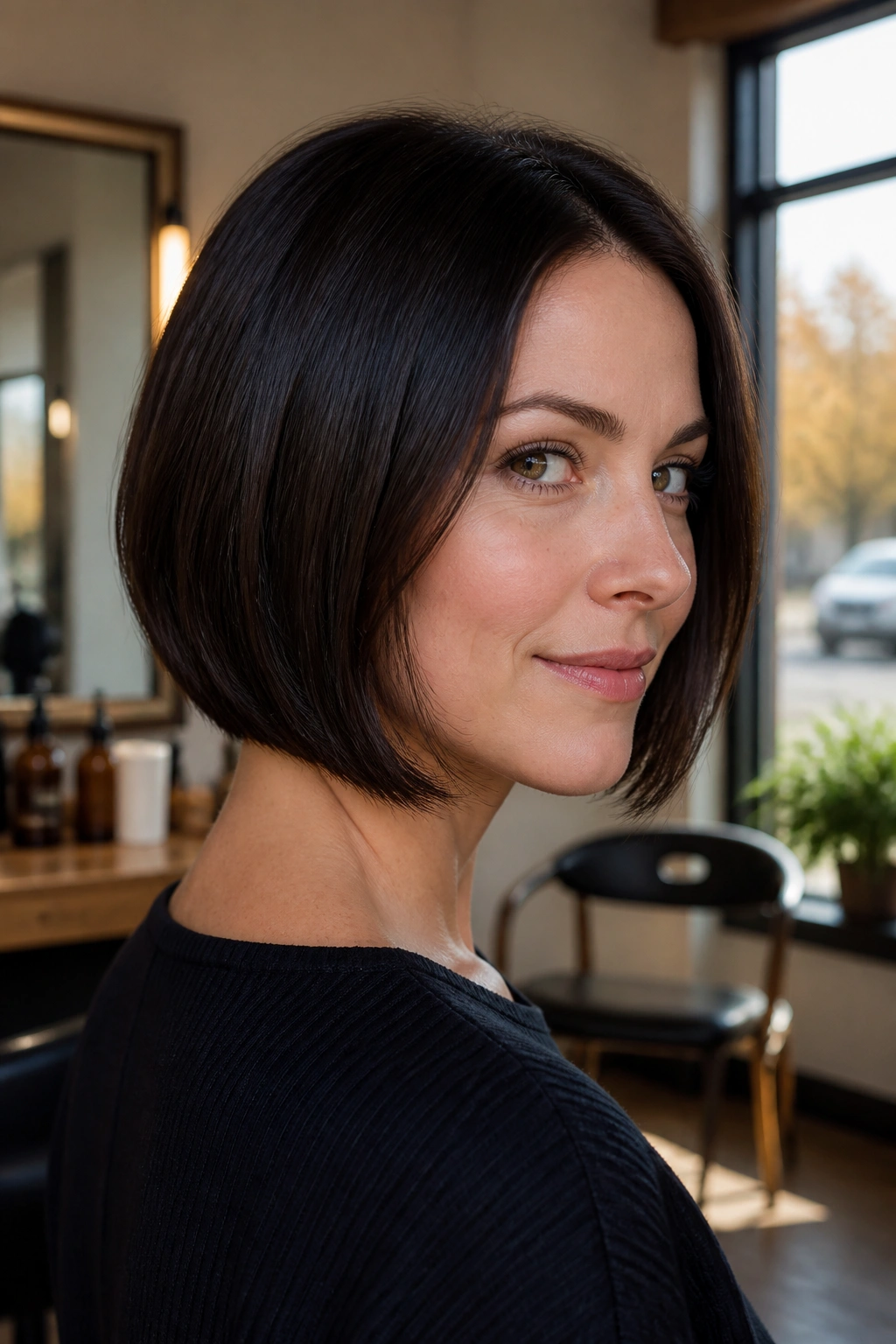 Close-up portrait of a real woman with a micro-angled inverted bob showcasing a subtle back-to-front slope