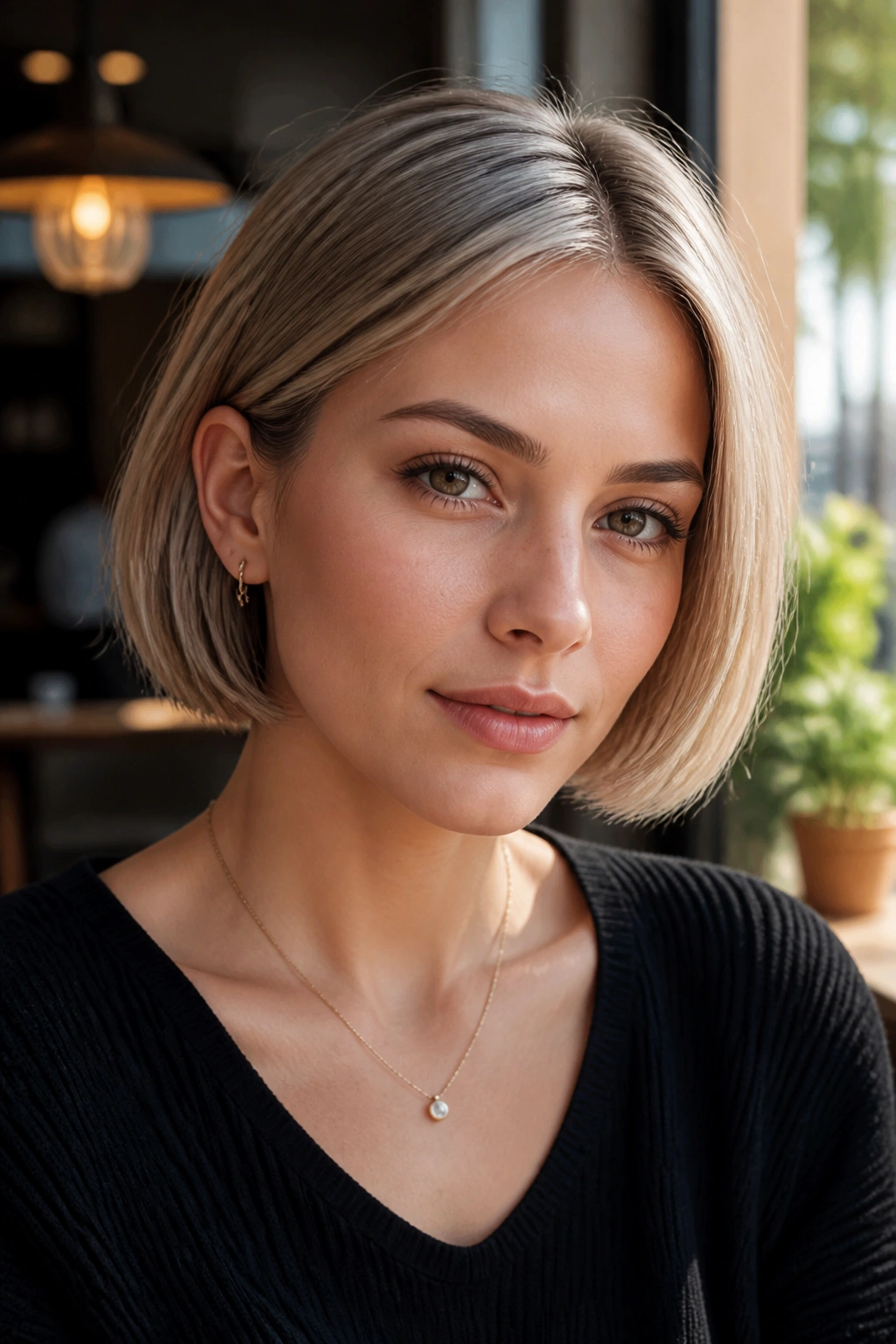 Close-up of a real woman with a micro ash bob just below ears in smoky ash blonde.