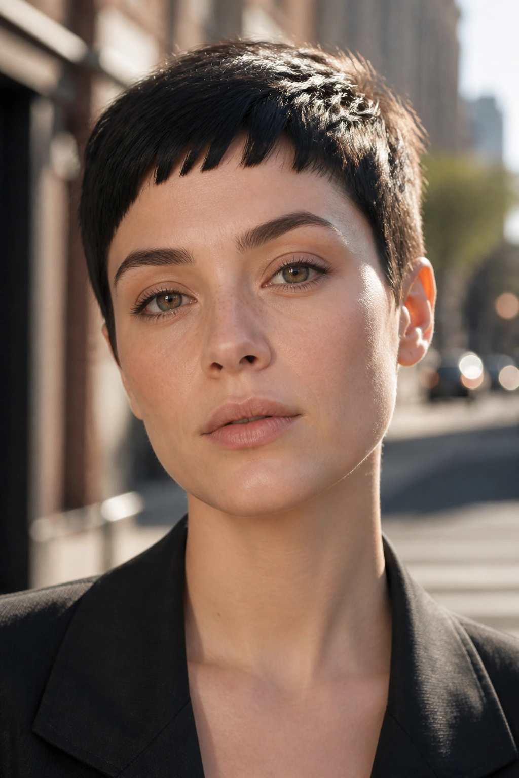 Real person with micro asymmetrical bangs on a short cut, urban morning light.