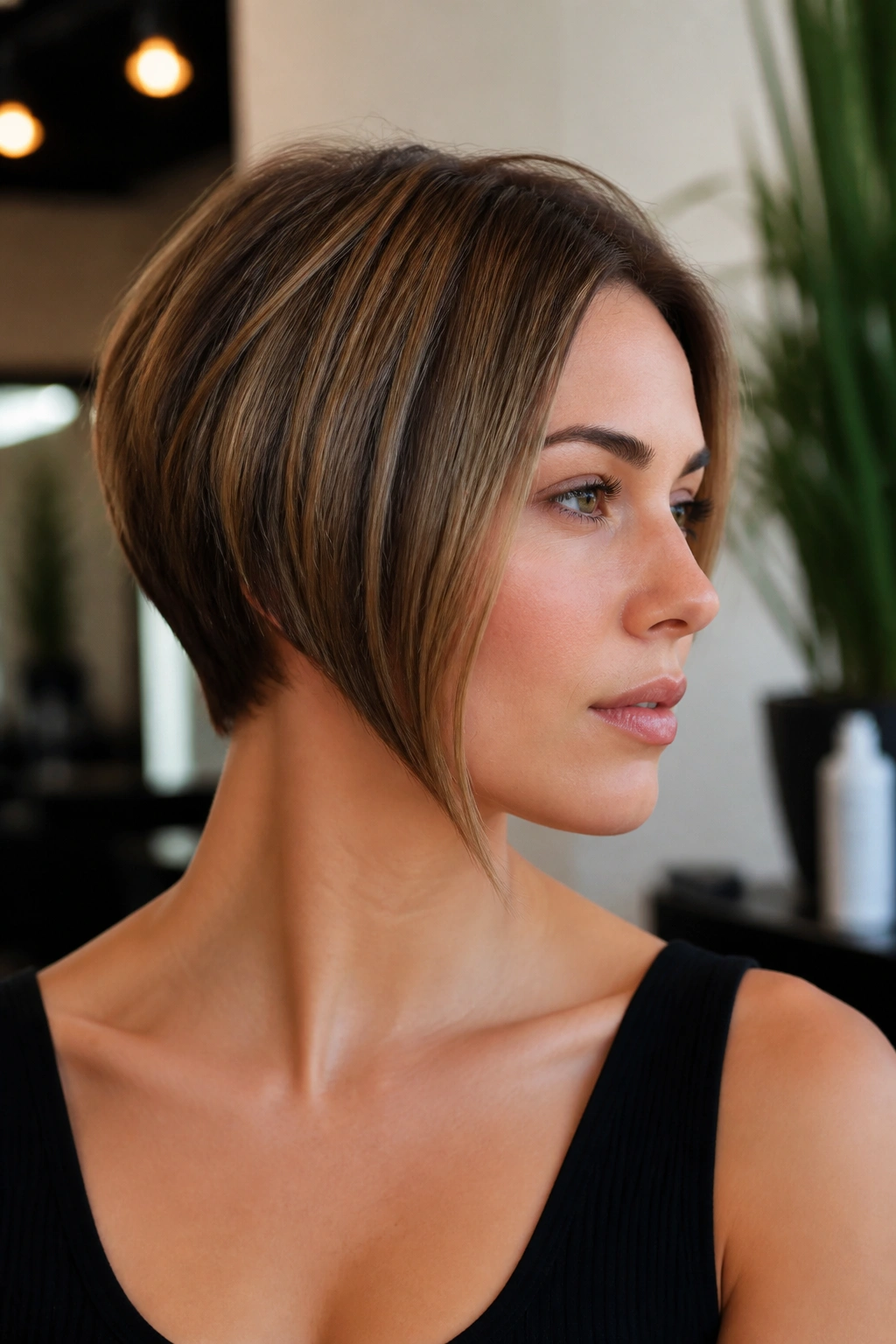 Close-up portrait of a real woman with a micro asymmetrical bob, longer front corner grazing the jaw in a salon setting.