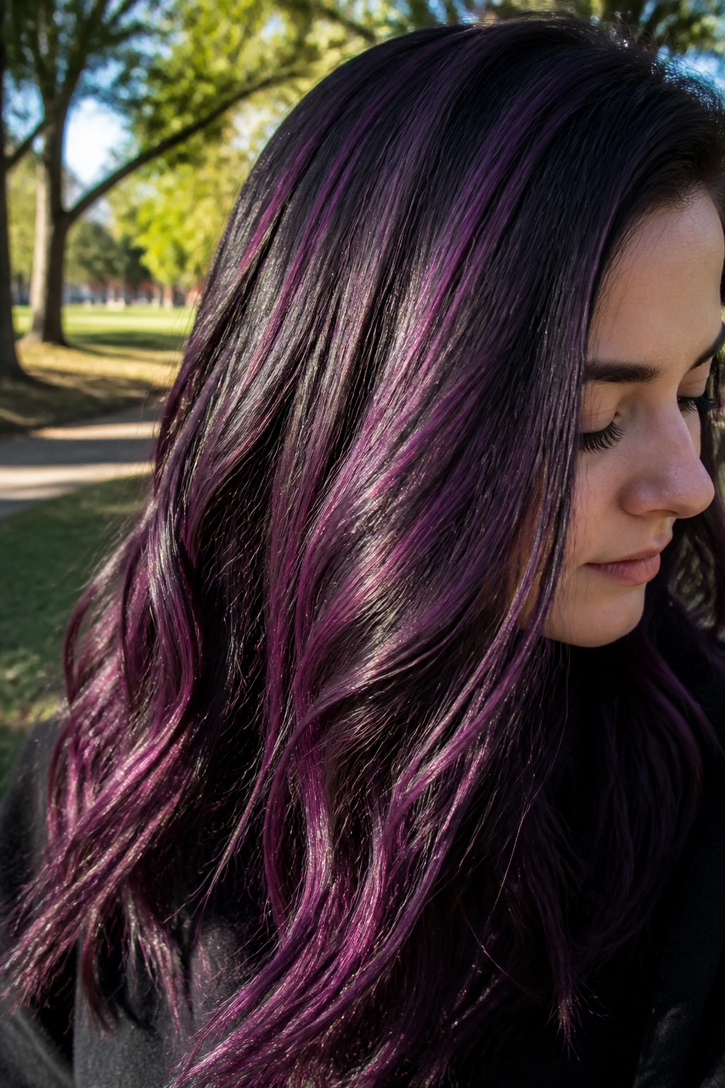 Close-up of dark hair with berry-purple micro-babylights in a park setting