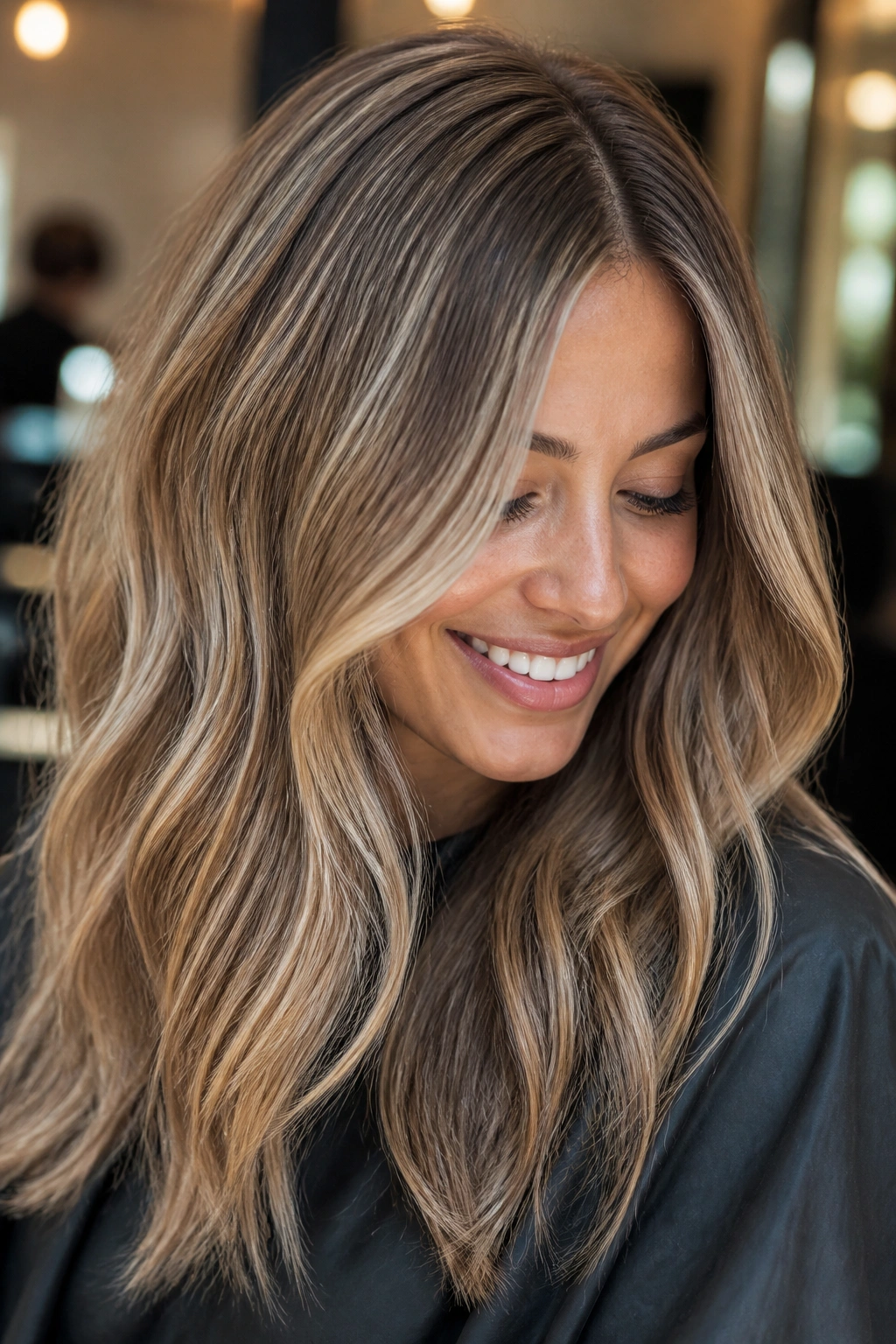 Close-up of brown hair with micro-babylights and balayage on a real person