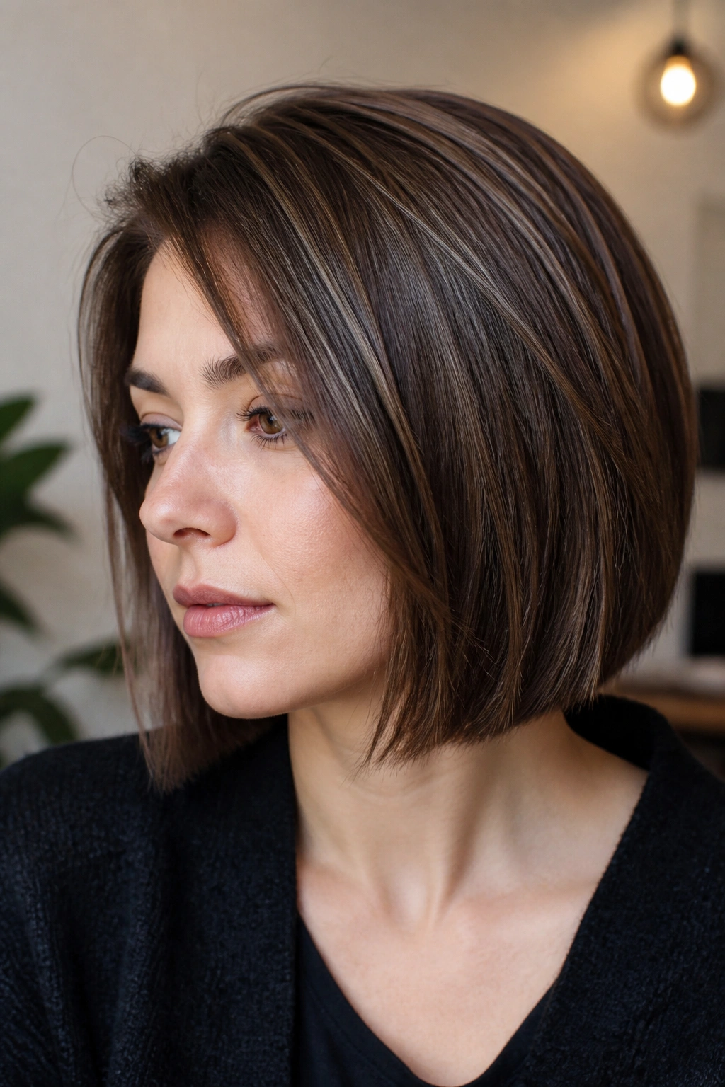 Close-up portrait of a real woman with a chestnut bob and micro-babylight highlights.