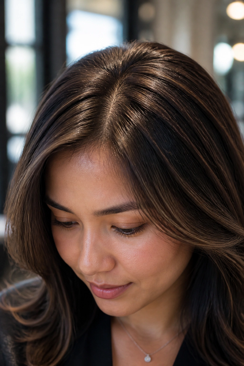 Close-up of a real woman highlighting micro babylights at the crown
