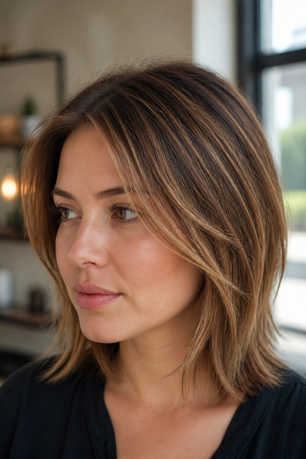 Close-up of real person with micro-babylights on fine hair at the crown and front
