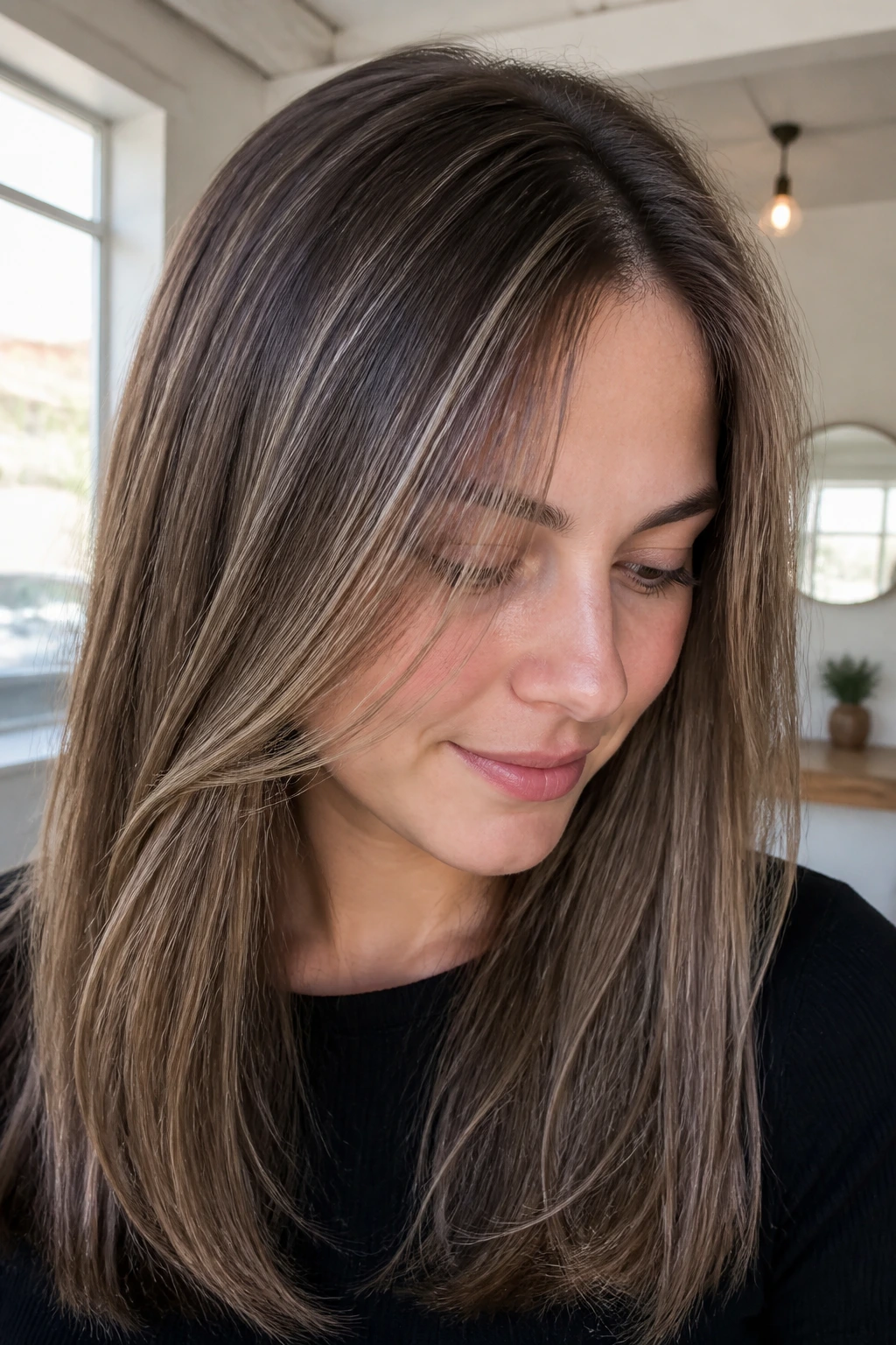 Close-up of a real woman with micro-babylights for soft lift on fine hair