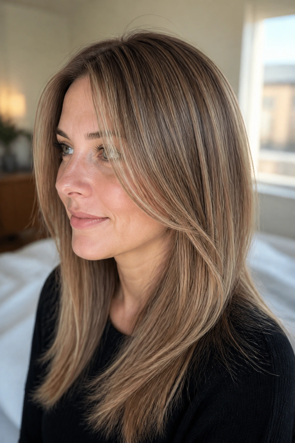 Close-up of a real woman with micro-babylights creating a soft cloud of light on fine hair