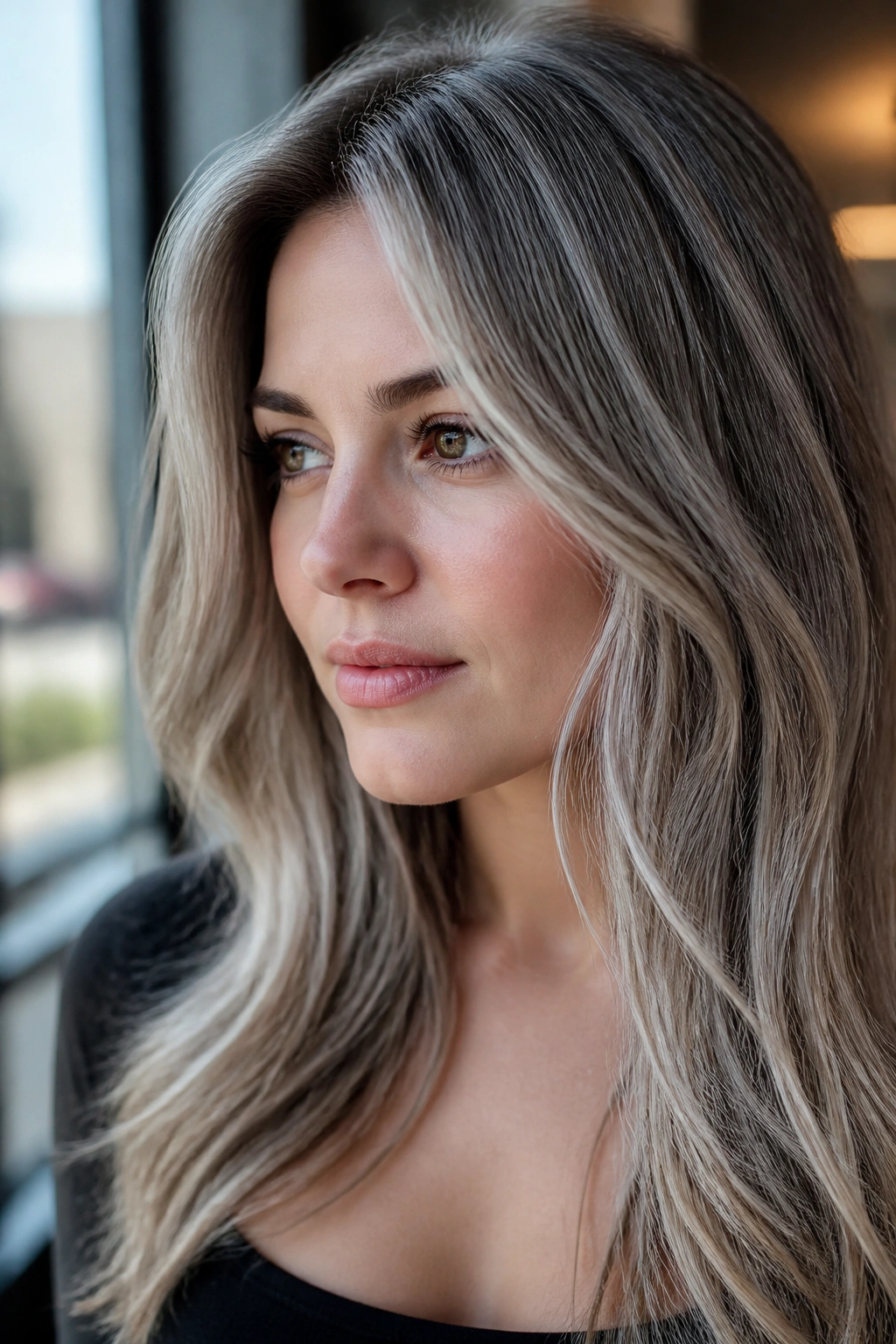 Close-up portrait of a real woman with micro babylights frost across crown and cheeks